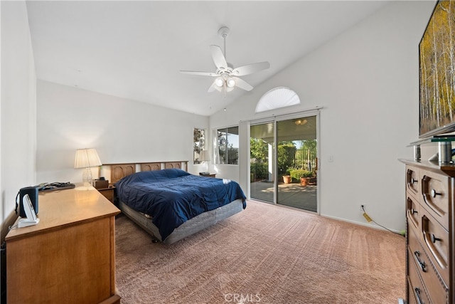 carpeted bedroom with access to exterior, high vaulted ceiling, and ceiling fan