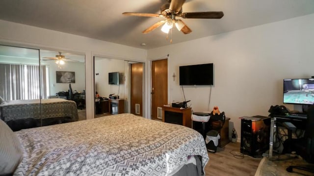 bedroom featuring light hardwood / wood-style floors, two closets, and ceiling fan