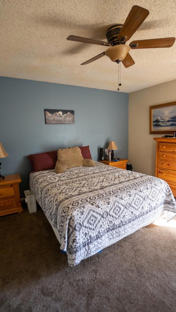 carpeted bedroom with a textured ceiling and ceiling fan