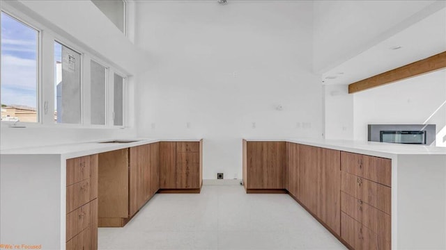 kitchen featuring kitchen peninsula, a towering ceiling, and a wealth of natural light