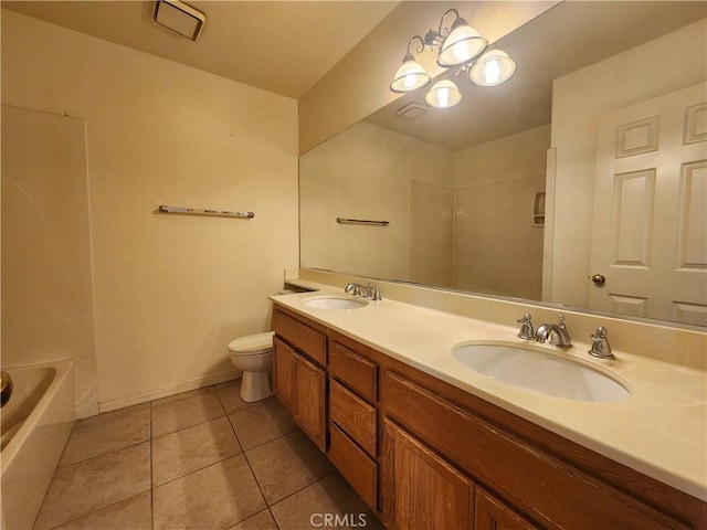 full bath featuring tile patterned flooring, a sink, toilet, and double vanity