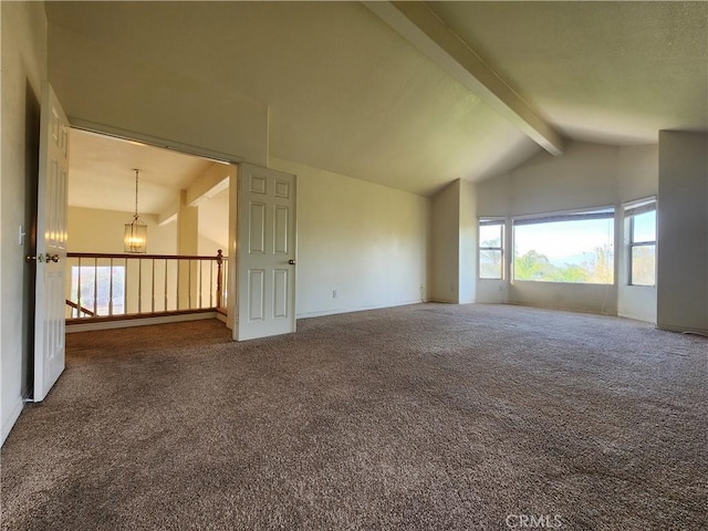 unfurnished room featuring a chandelier, carpet, beamed ceiling, and high vaulted ceiling