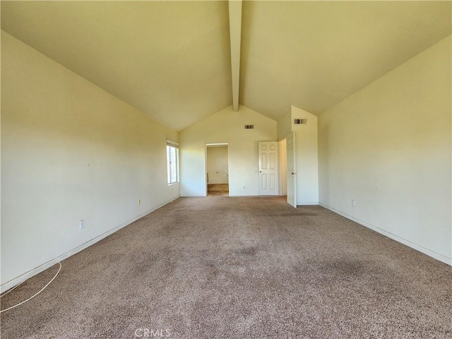 unfurnished room featuring high vaulted ceiling, carpet floors, visible vents, baseboards, and beamed ceiling