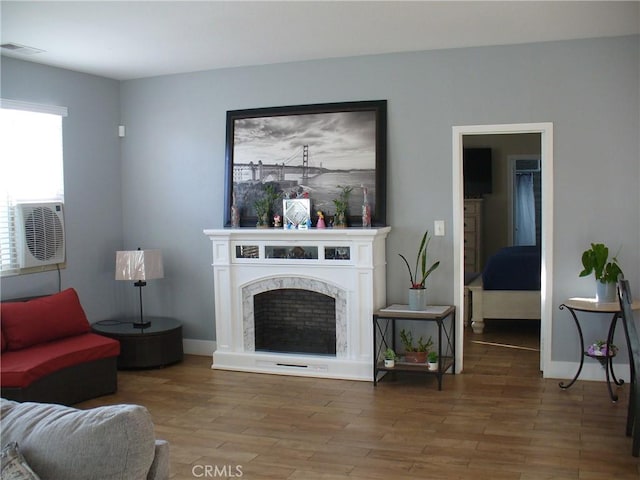 living room featuring a premium fireplace and wood-type flooring