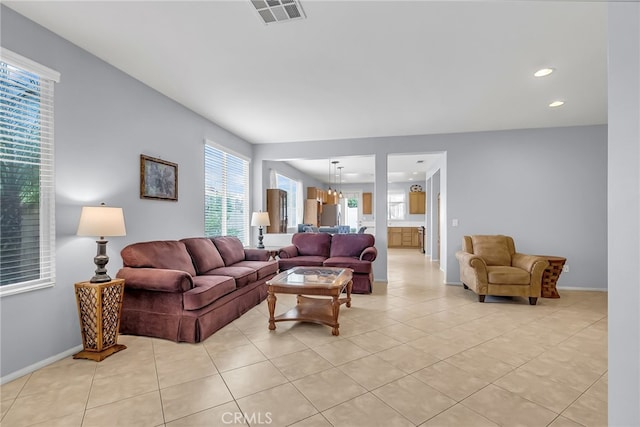 living room featuring light tile patterned floors