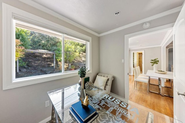 dining space featuring ornamental molding and hardwood / wood-style flooring