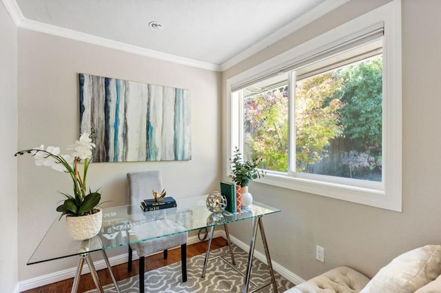 office space featuring hardwood / wood-style floors and ornamental molding