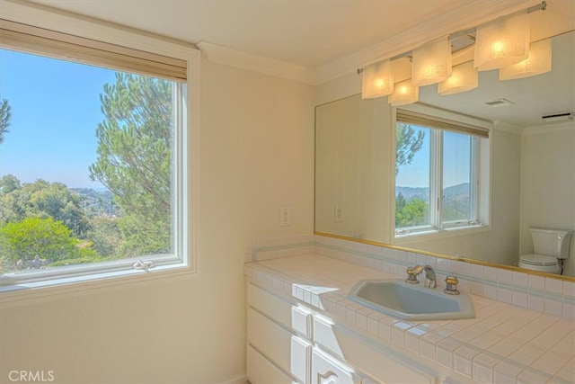 bathroom with toilet, crown molding, and vanity