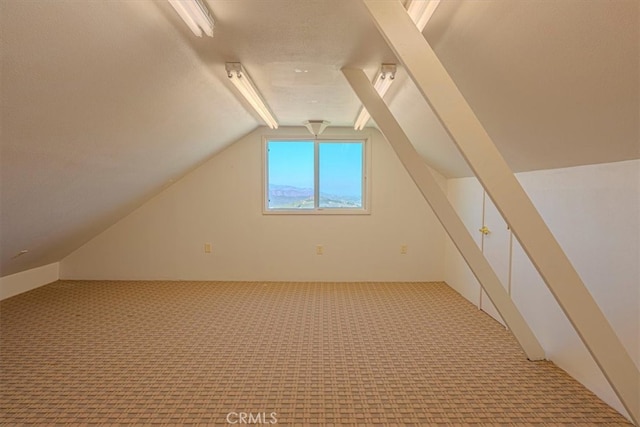 additional living space with light carpet and vaulted ceiling