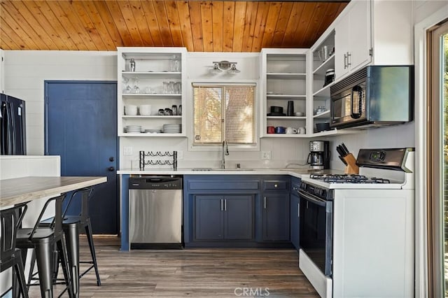 kitchen with a sink, black appliances, open shelves, and wood ceiling