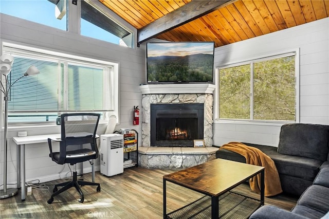 living room with wooden ceiling, plenty of natural light, lofted ceiling with beams, and wood-type flooring