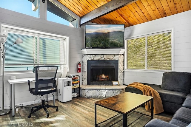 living area with lofted ceiling with beams, wooden ceiling, wood walls, wood finished floors, and an outdoor stone fireplace
