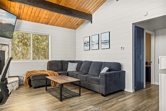 living room with wood ceiling, wood finished floors, and lofted ceiling with beams