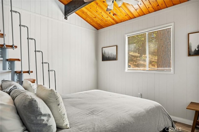 bedroom featuring vaulted ceiling with beams, ceiling fan, wood ceiling, and wood walls