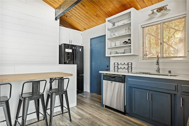 31600 City Creek Rd, Running Springs, CA 92382 - kitchen with dishwasher, wood ceiling, freestanding refrigerator, a sink, and vaulted ceiling