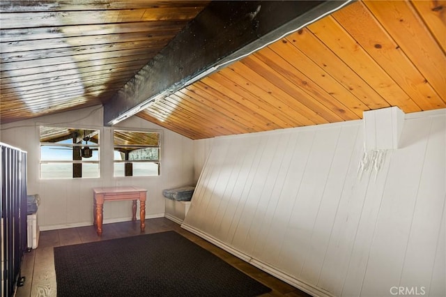 bonus room with vaulted ceiling with beams, wood walls, dark hardwood / wood-style flooring, and wood ceiling