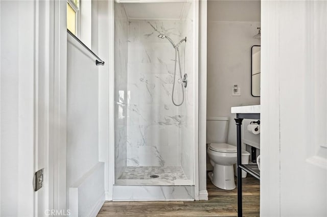31600 City Creek Rd, Running Springs, CA 92382 - bathroom with toilet, wood finished floors, and a marble finish shower
