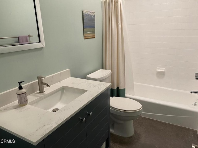 full bathroom featuring vanity, shower / bath combo, and toilet