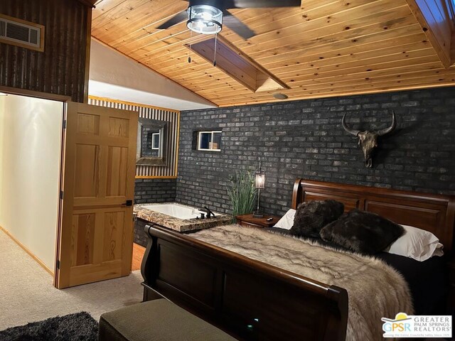 carpeted bedroom featuring wood ceiling, brick wall, lofted ceiling, and ceiling fan