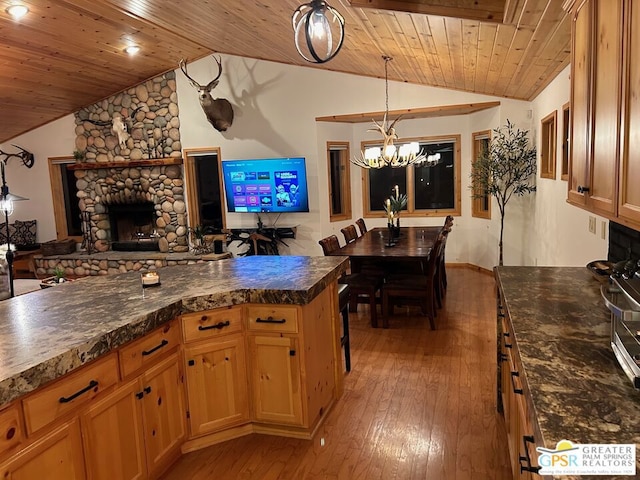 kitchen with wood-type flooring, lofted ceiling, wooden ceiling, and a fireplace