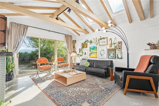 interior space featuring vaulted ceiling with beams