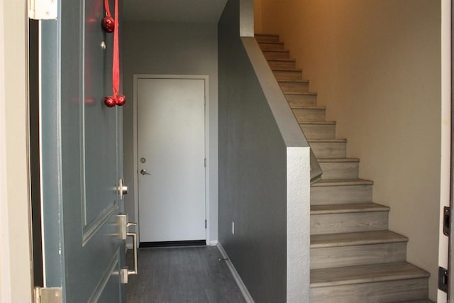 staircase featuring wood-type flooring