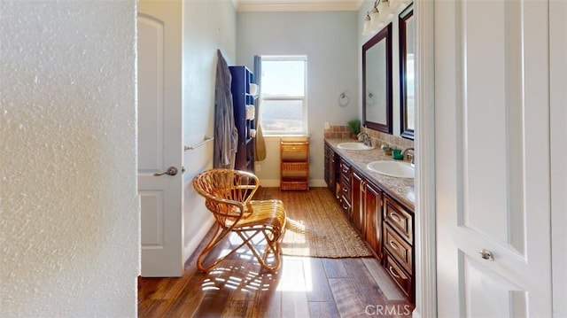 bathroom with vanity and hardwood / wood-style floors