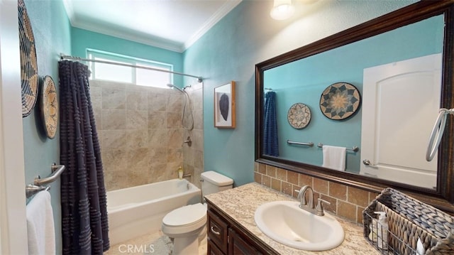 full bathroom with toilet, crown molding, shower / tub combo with curtain, vanity, and tasteful backsplash