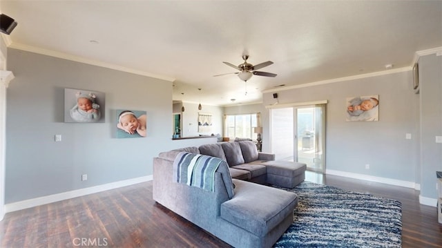 living room featuring ornamental molding, dark hardwood / wood-style floors, and ceiling fan