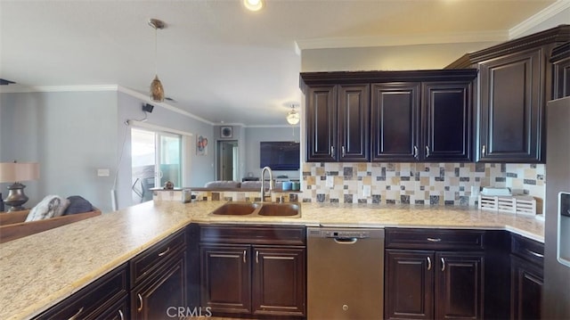 kitchen with kitchen peninsula, tasteful backsplash, dishwasher, crown molding, and sink