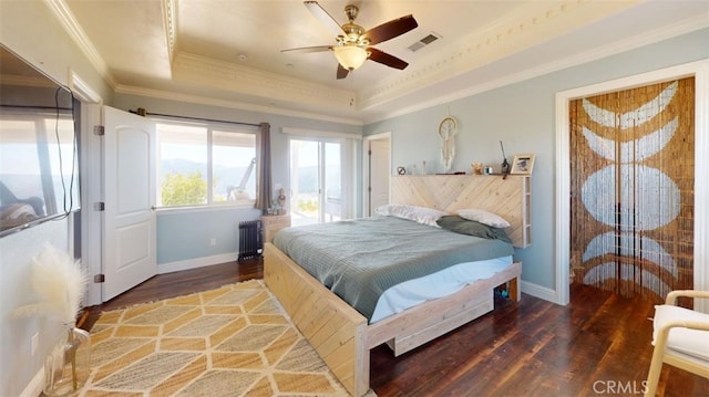 bedroom featuring dark wood-type flooring, ceiling fan, a tray ceiling, and radiator heating unit