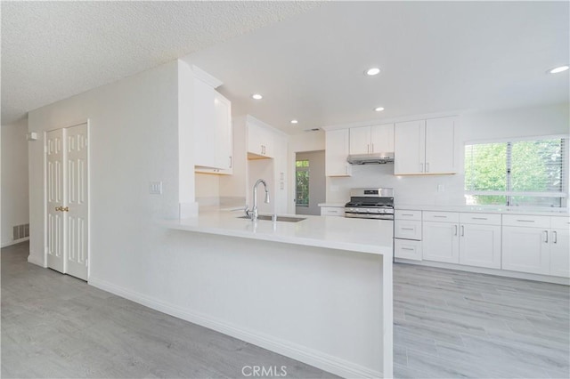 kitchen with stainless steel gas range oven, a healthy amount of sunlight, under cabinet range hood, and light countertops