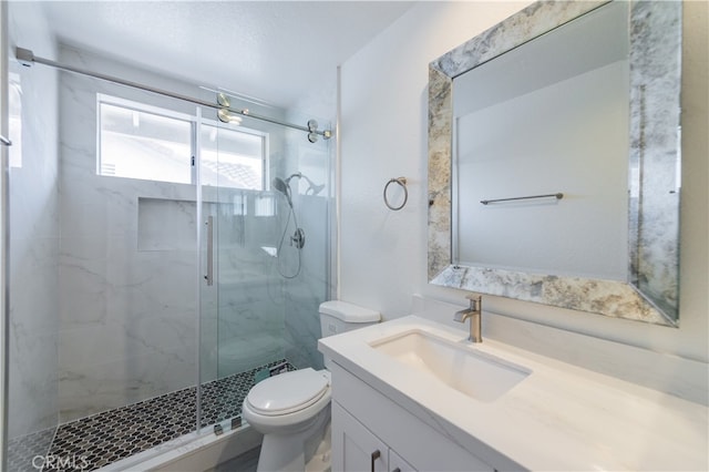 bathroom featuring vanity, toilet, and a shower with door