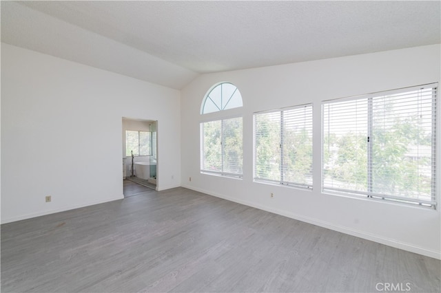 spare room with light hardwood / wood-style floors, a textured ceiling, and lofted ceiling