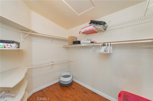 spacious closet featuring wood-type flooring and vaulted ceiling