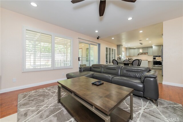 living room featuring ceiling fan and light hardwood / wood-style flooring