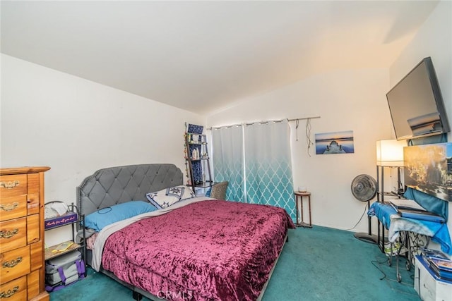 carpeted bedroom featuring lofted ceiling