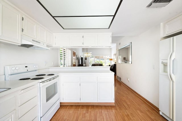 kitchen featuring white cabinetry, range hood, kitchen peninsula, light hardwood / wood-style floors, and white appliances