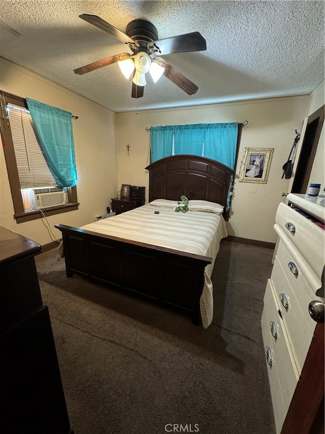 carpeted bedroom featuring cooling unit, a textured ceiling, and ceiling fan