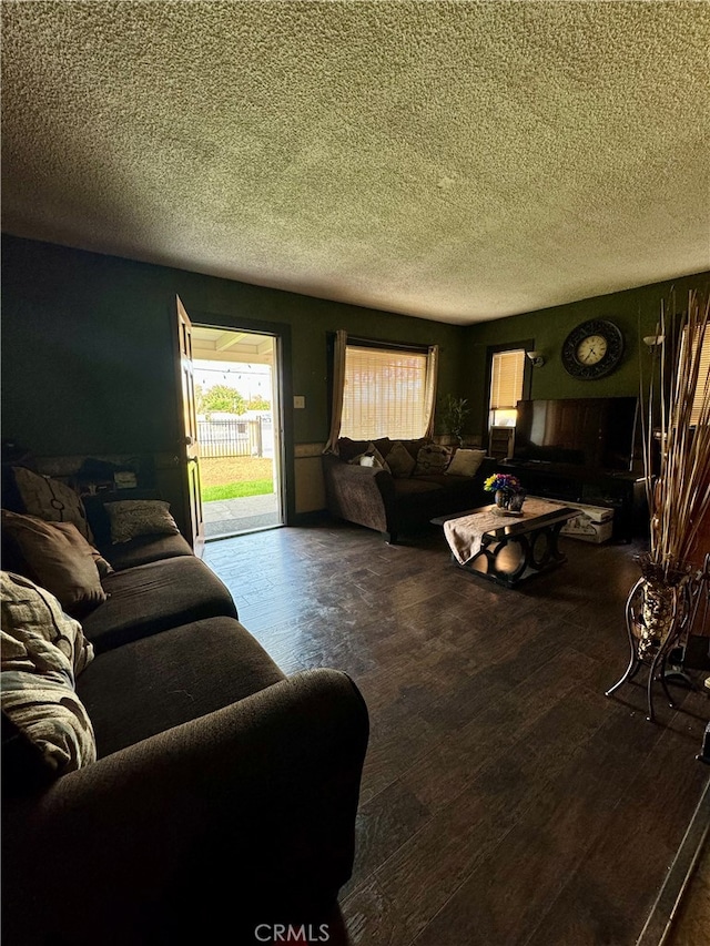 living room with hardwood / wood-style flooring and a textured ceiling