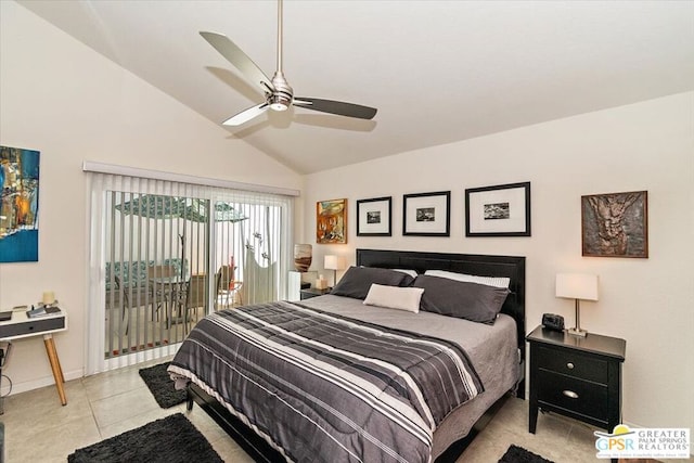 bedroom with ceiling fan, light tile patterned flooring, access to exterior, and lofted ceiling