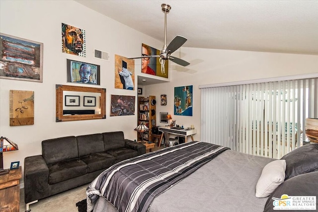 bedroom featuring ceiling fan and vaulted ceiling