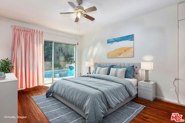 bedroom featuring ceiling fan, access to outside, and dark hardwood / wood-style flooring