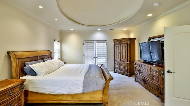 carpeted bedroom featuring crown molding