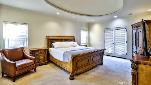 bedroom with light colored carpet