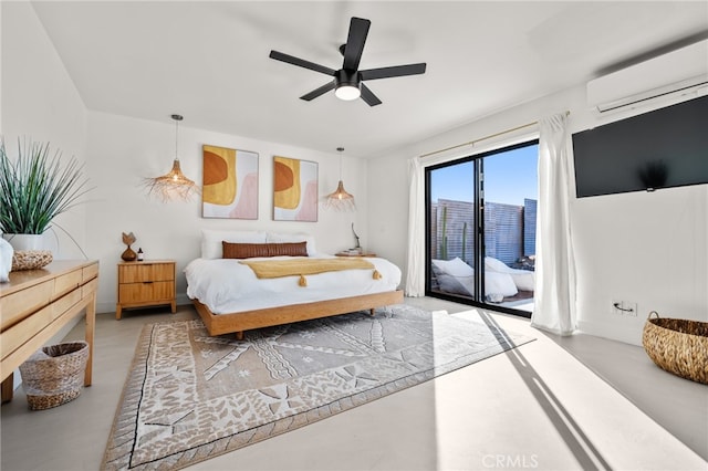 bedroom featuring concrete floors, a wall mounted AC, access to outside, and ceiling fan