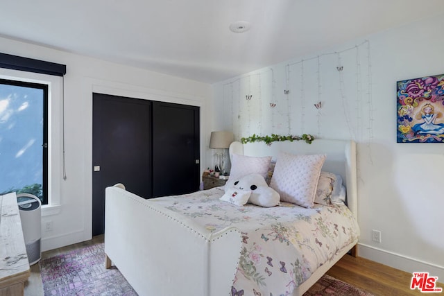 bedroom with dark hardwood / wood-style floors