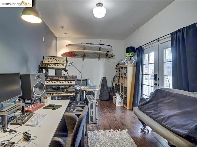 office featuring french doors and dark wood-type flooring