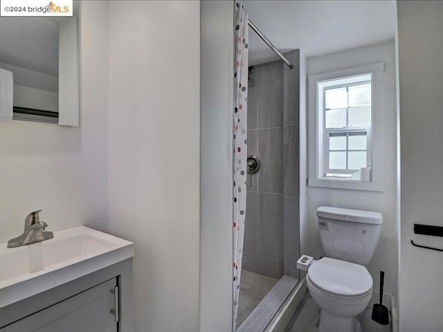 bathroom featuring vanity, toilet, and curtained shower