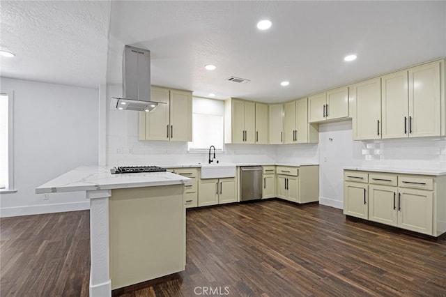 kitchen with kitchen peninsula, island exhaust hood, appliances with stainless steel finishes, dark hardwood / wood-style floors, and sink